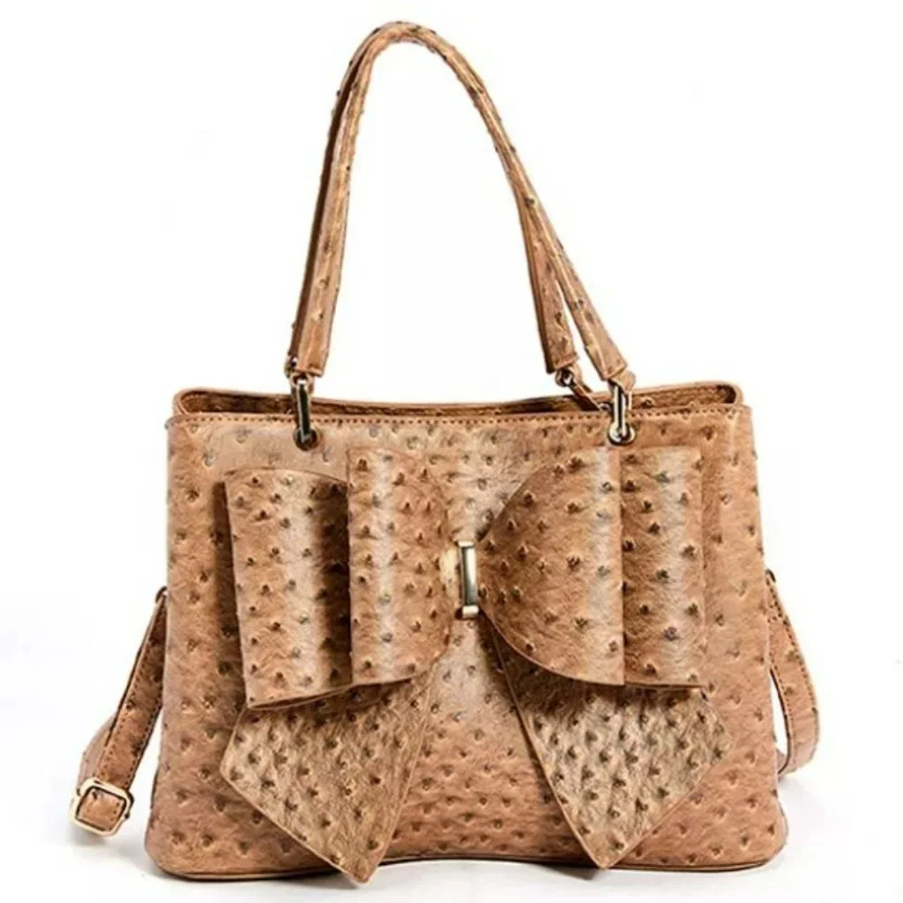NEW!!! 3D Bow Vegan Leather 3-Way Wear Ostrich Beige Satchel, Crossbody Shoulder - Picture 2 of 13